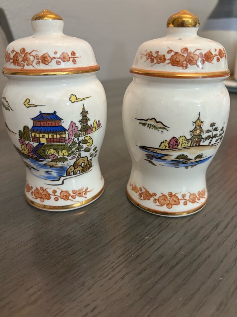 Hand-Painted Porcelain Salt & Pepper Shakers - White and Gold made in Japan